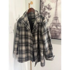 Eddie Bauer Black White Plaid Wool Blend Double‎ Breasted Pea Coat Jacket Size L